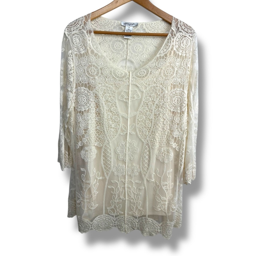 Ultra Pink Lace Overlay Tunic Top Cream 3/4 Sleeve V Neck Boho‎ 1X